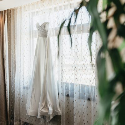Wedding dress in suite in catfish bend inn and spa.